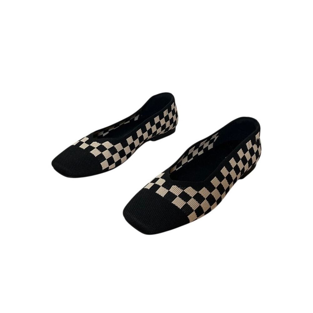 Vivaia Margot 2.0 Square-Toe V-Cut Flats Black Cream Checkered Sz 43 US 11 NWOT